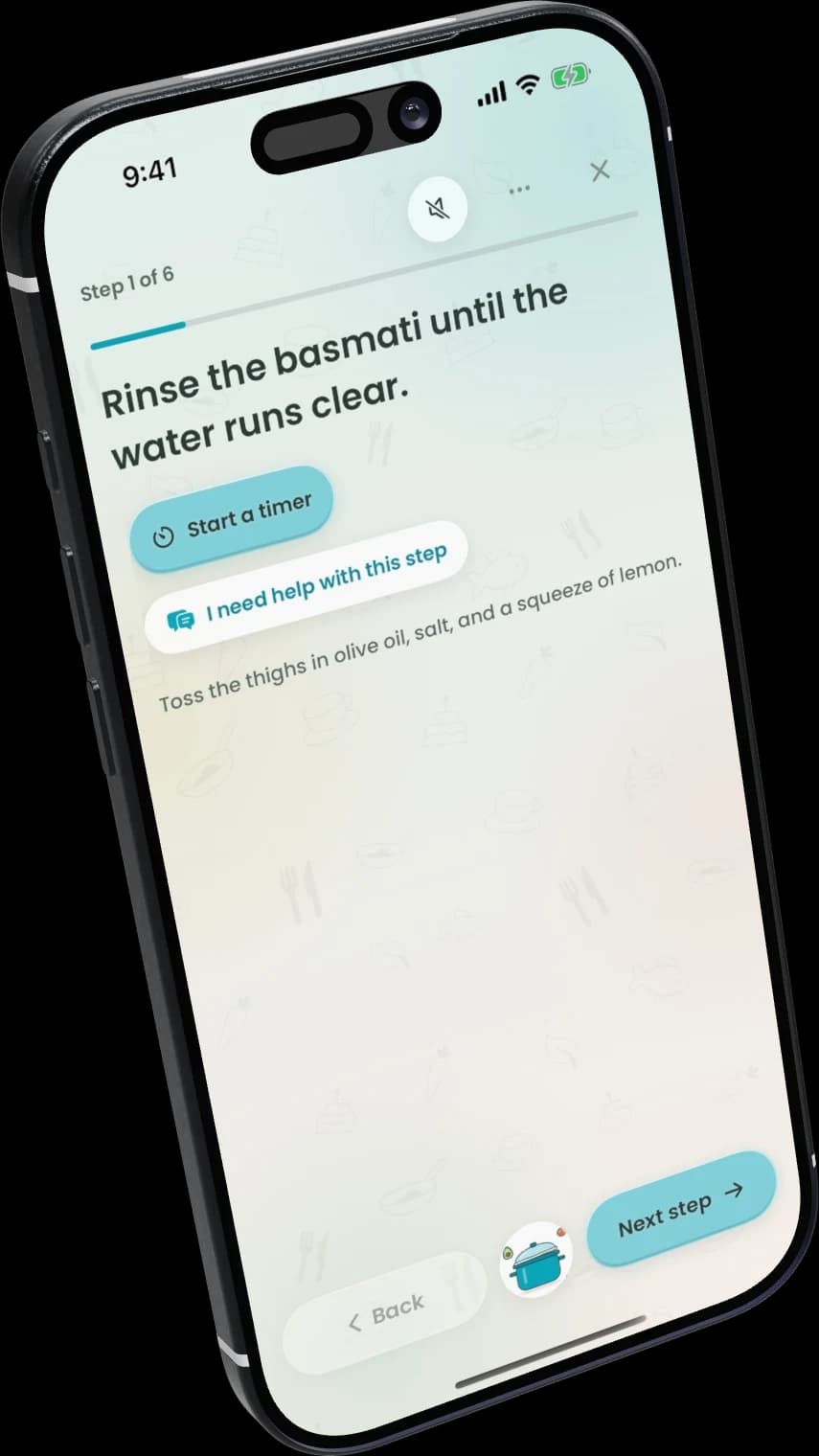 Recipe Wizard cook mode with a step and timer
