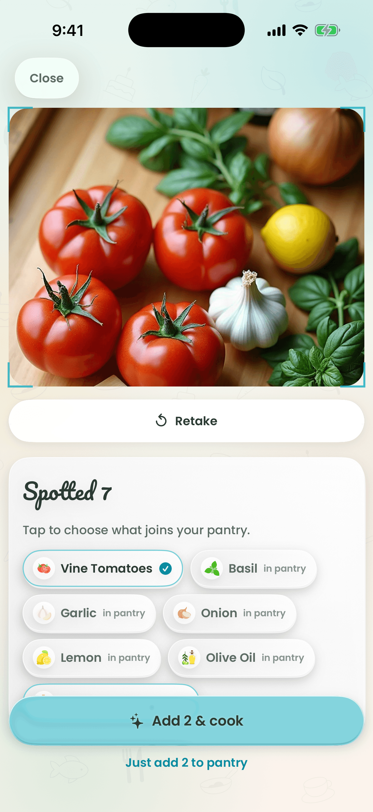 Recipe Wizard camera recognizing ingredients