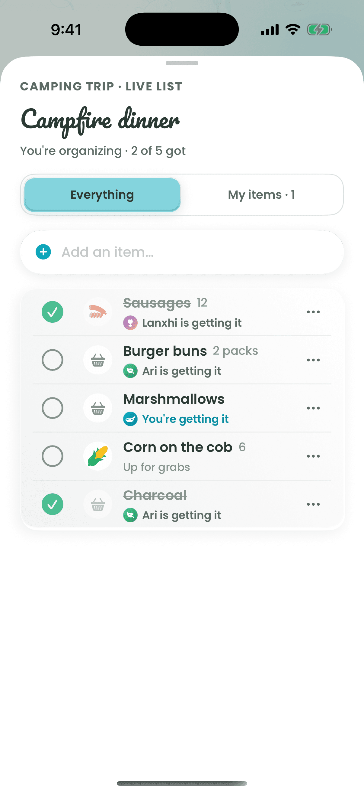 A live group grocery list with items assigned to friends