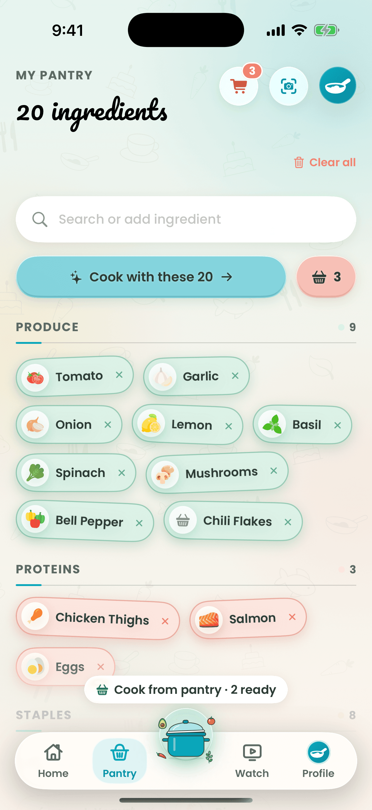 Recipe Wizard pantry with illustrated ingredient chips
