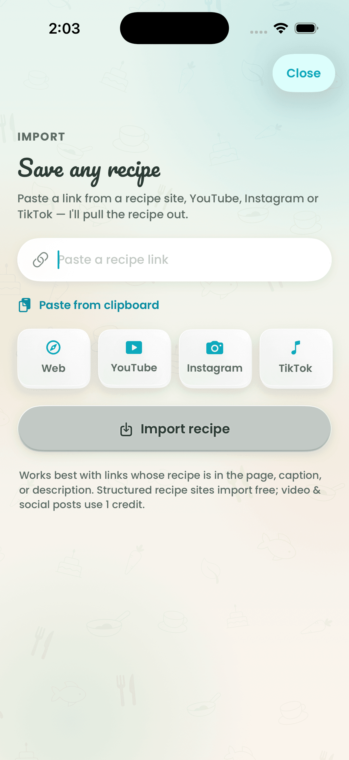 Recipe Wizard importing a recipe from a video link