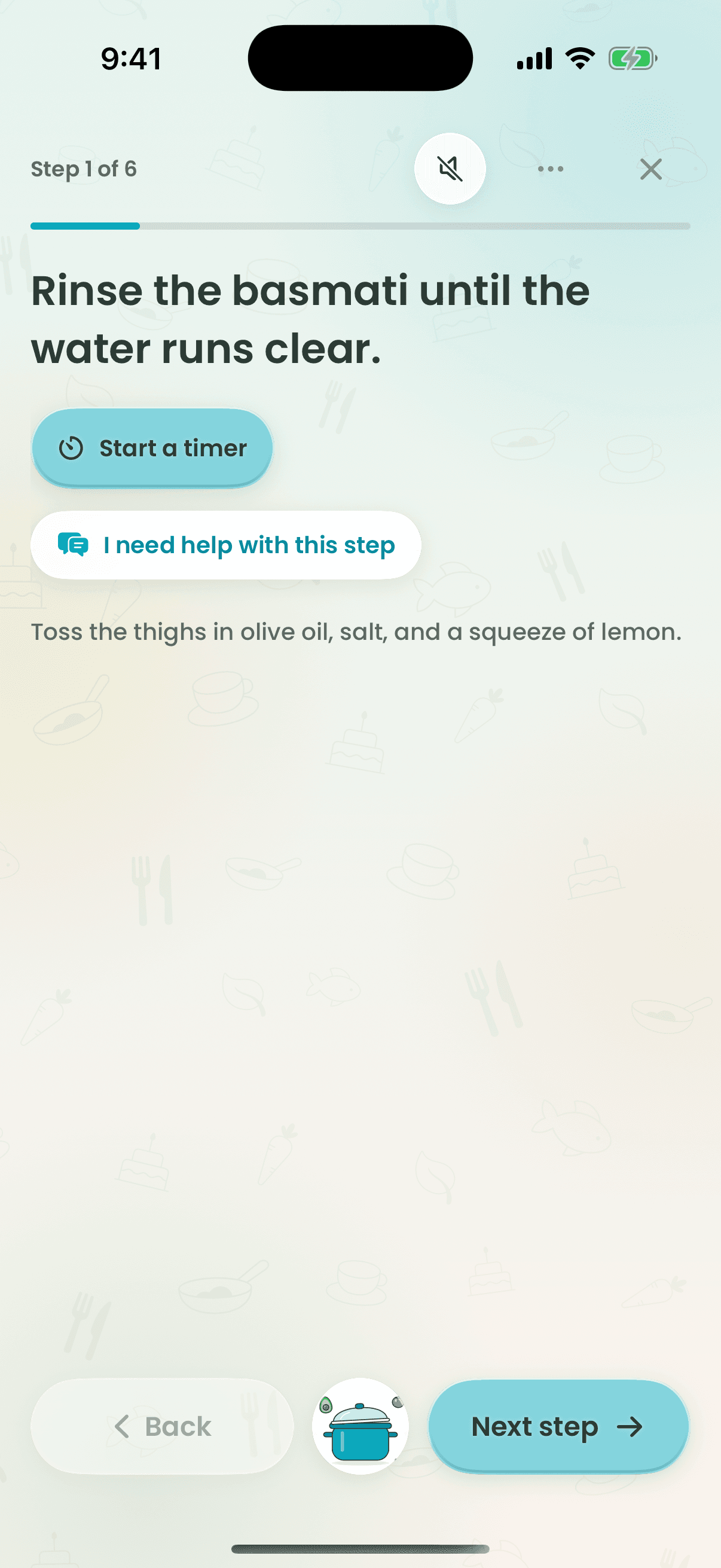Recipe Wizard cook mode showing one step with a timer